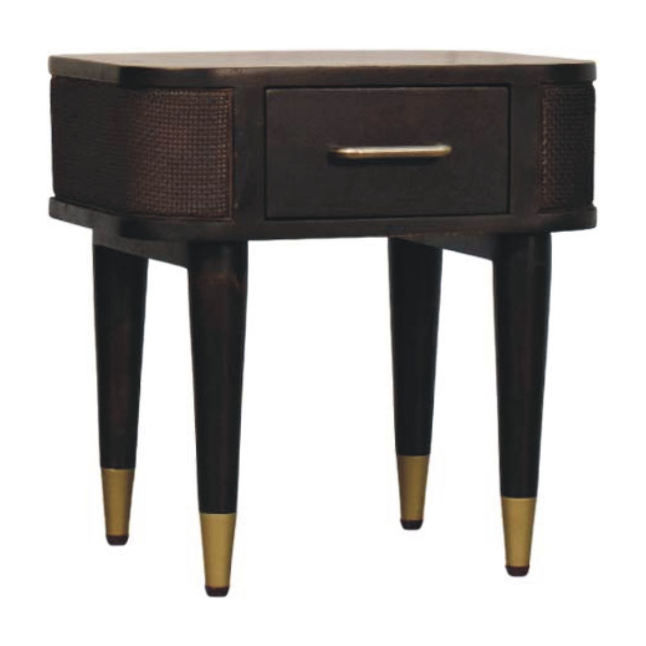 Compact Solid Mango Wood Bedside Table – Chestnut Finish, Woven Rattan Panels