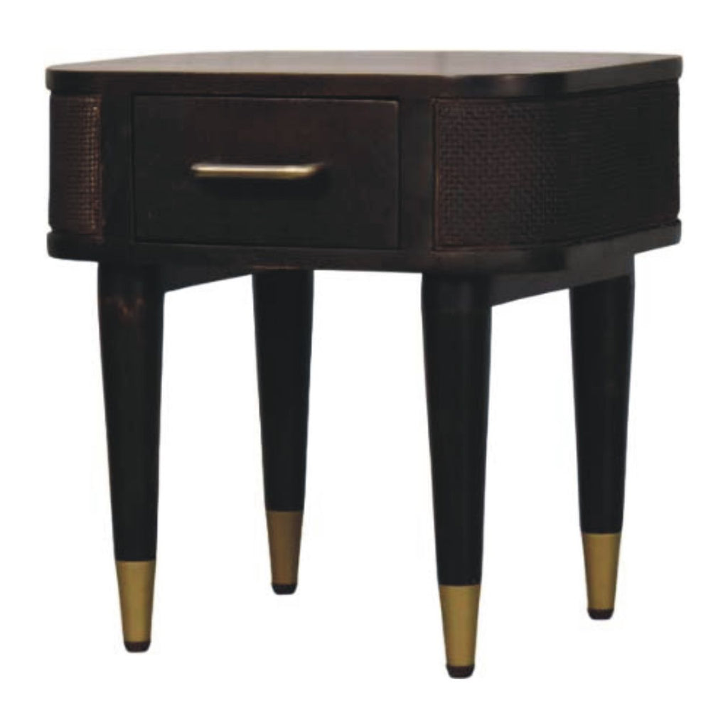 Compact Solid Mango Wood Bedside Table – Chestnut Finish, Woven Rattan Panels