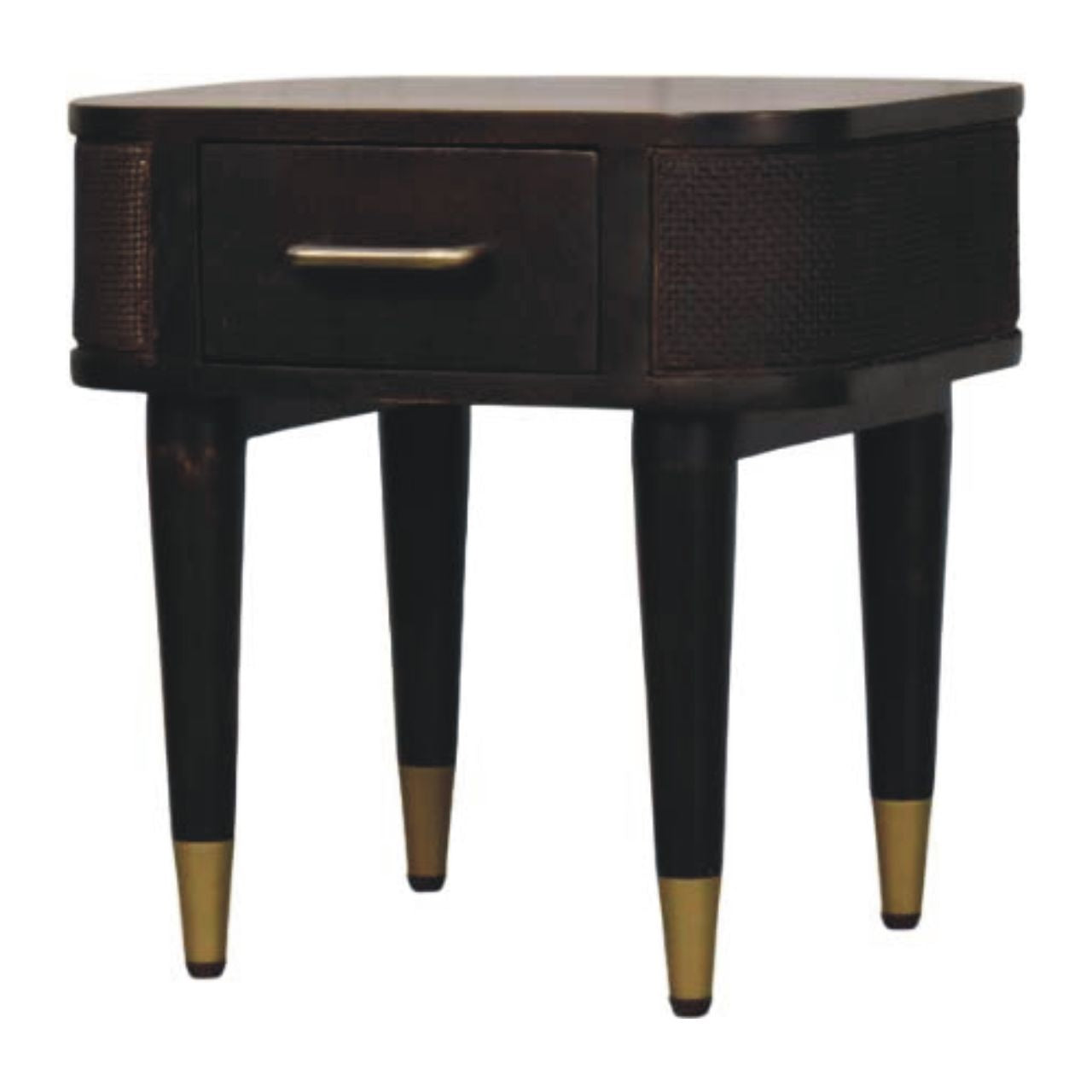 Compact Solid Mango Wood Bedside Table – Chestnut Finish, Woven Rattan Panels