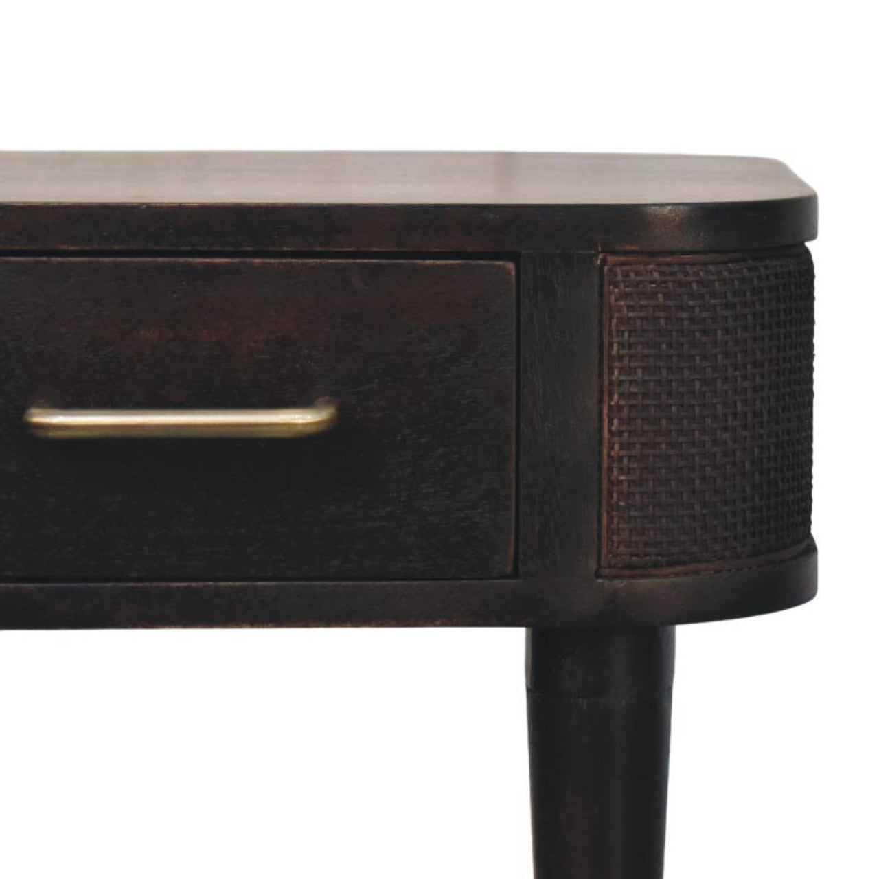 Compact Solid Mango Wood Bedside Table – Chestnut Finish, Woven Rattan Panels