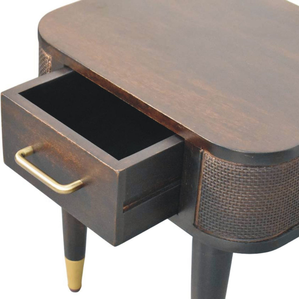 Compact Solid Mango Wood Bedside Table – Chestnut Finish, Woven Rattan Panels