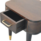 Compact Solid Mango Wood Bedside Table – Chestnut Finish, Woven Rattan Panels