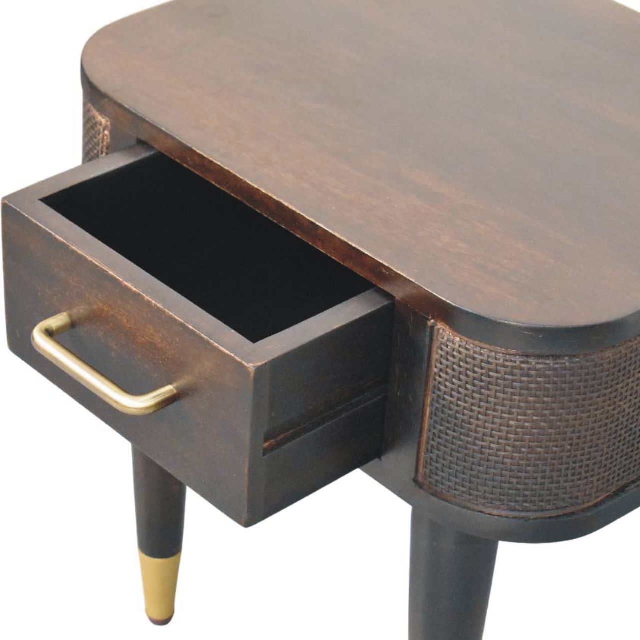 Compact Solid Mango Wood Bedside Table – Chestnut Finish, Woven Rattan Panels