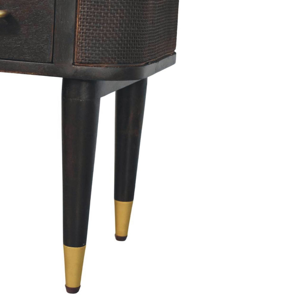Compact Solid Mango Wood Bedside Table – Chestnut Finish, Woven Rattan Panels