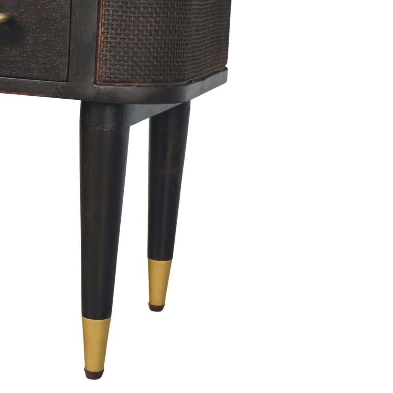 Compact Solid Mango Wood Bedside Table – Chestnut Finish, Woven Rattan Panels