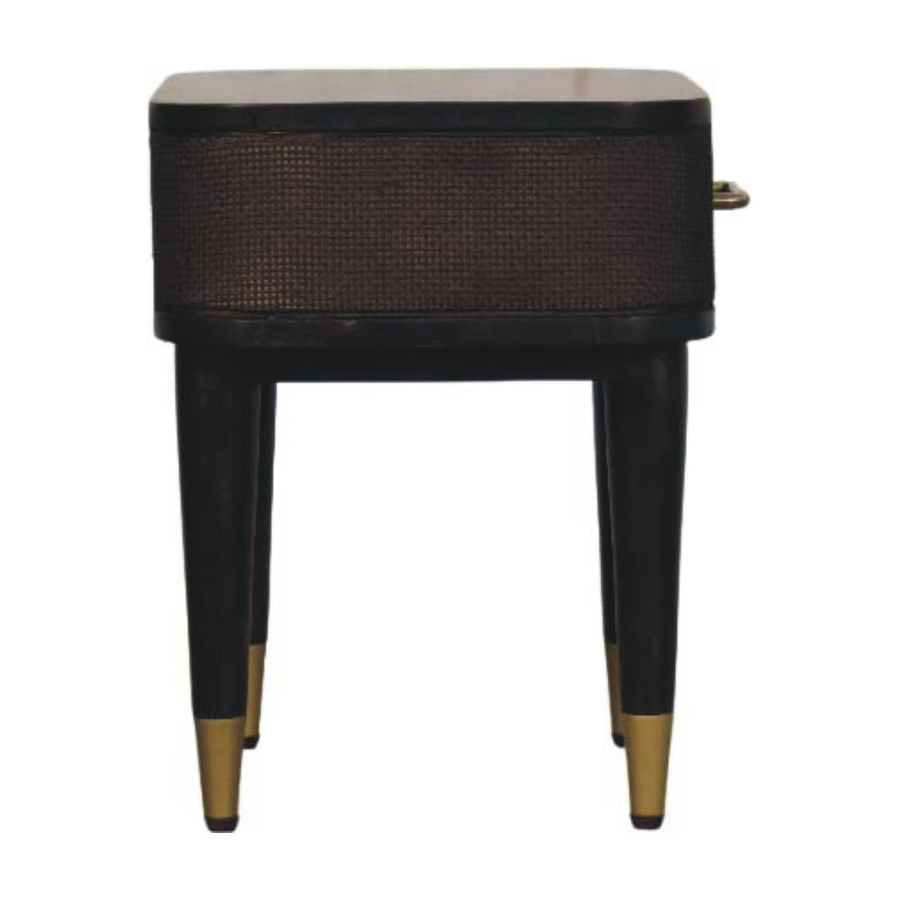 Compact Solid Mango Wood Bedside Table – Chestnut Finish, Woven Rattan Panels
