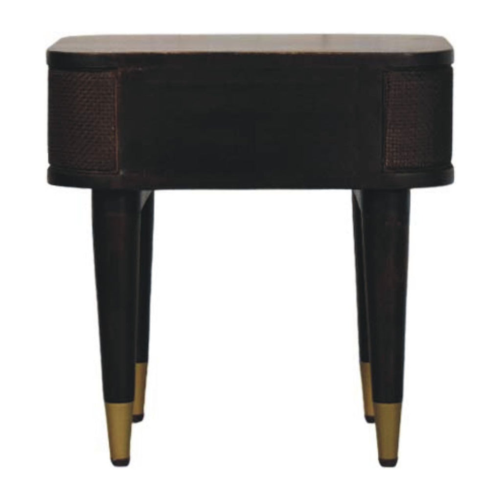 Compact Solid Mango Wood Bedside Table – Chestnut Finish, Woven Rattan Panels