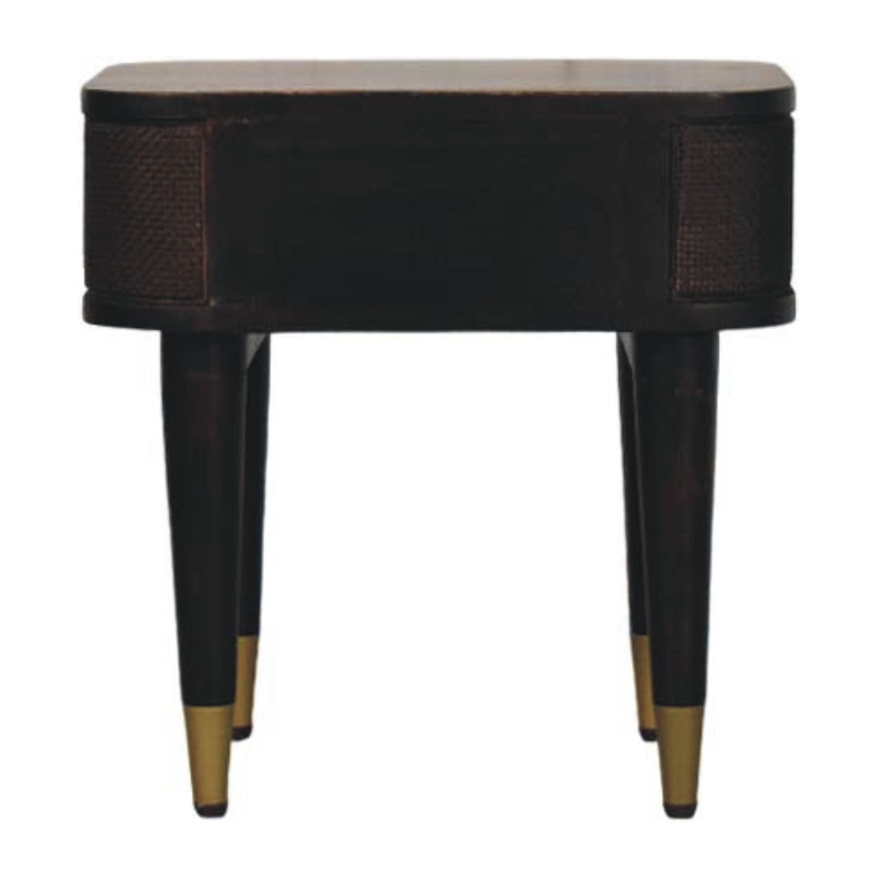 Compact Solid Mango Wood Bedside Table – Chestnut Finish, Woven Rattan Panels