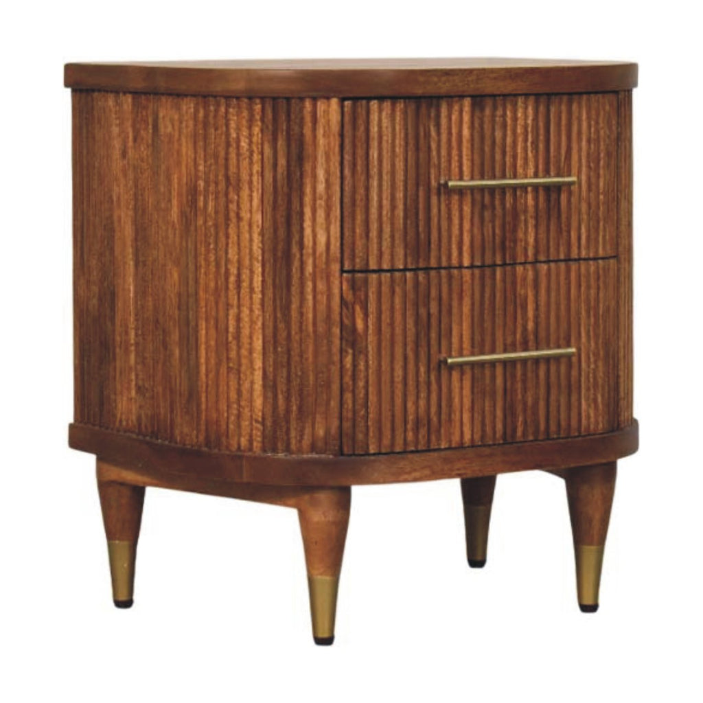 Ribbed Mango Wood Bedside Table with Brass Accents