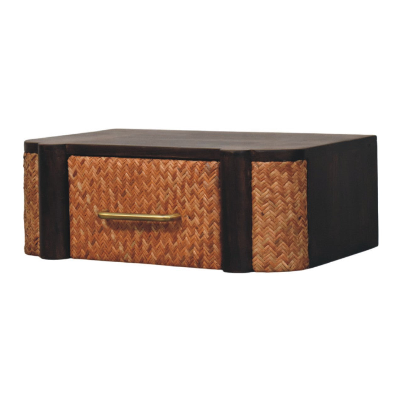 Space-Saving Solid Mango Wood Wall-mounted Nightstand – Velvet Mocha Finish, Woven-effect Drawer Front