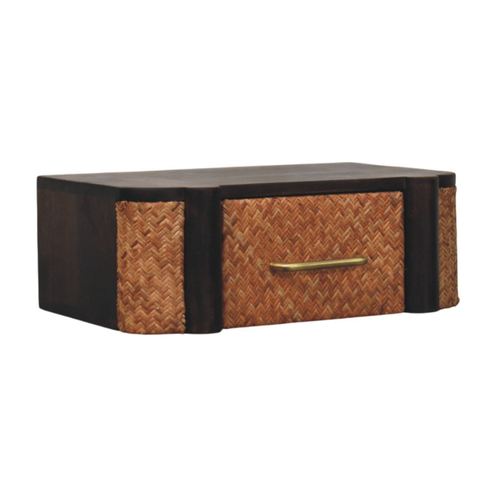 Space-Saving Solid Mango Wood Wall-mounted Nightstand – Velvet Mocha Finish, Woven-effect Drawer Front