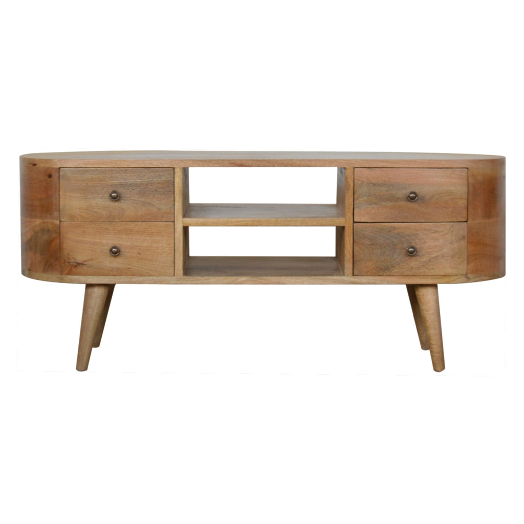 Compact Solid Mango Wood TV Unit – Oak Finish, 2 Open Slots