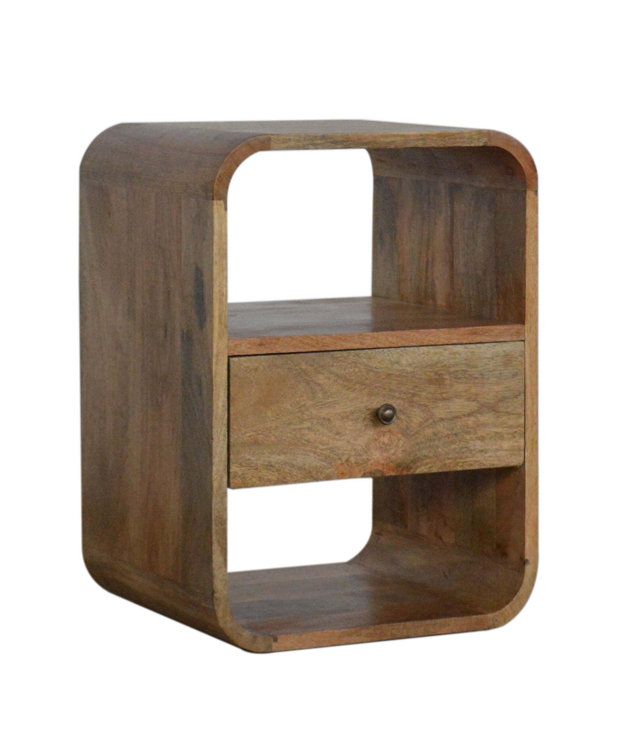 Compact Solid Mango Wood Bedside Table – Dark Brown Finish, Rounded Edges