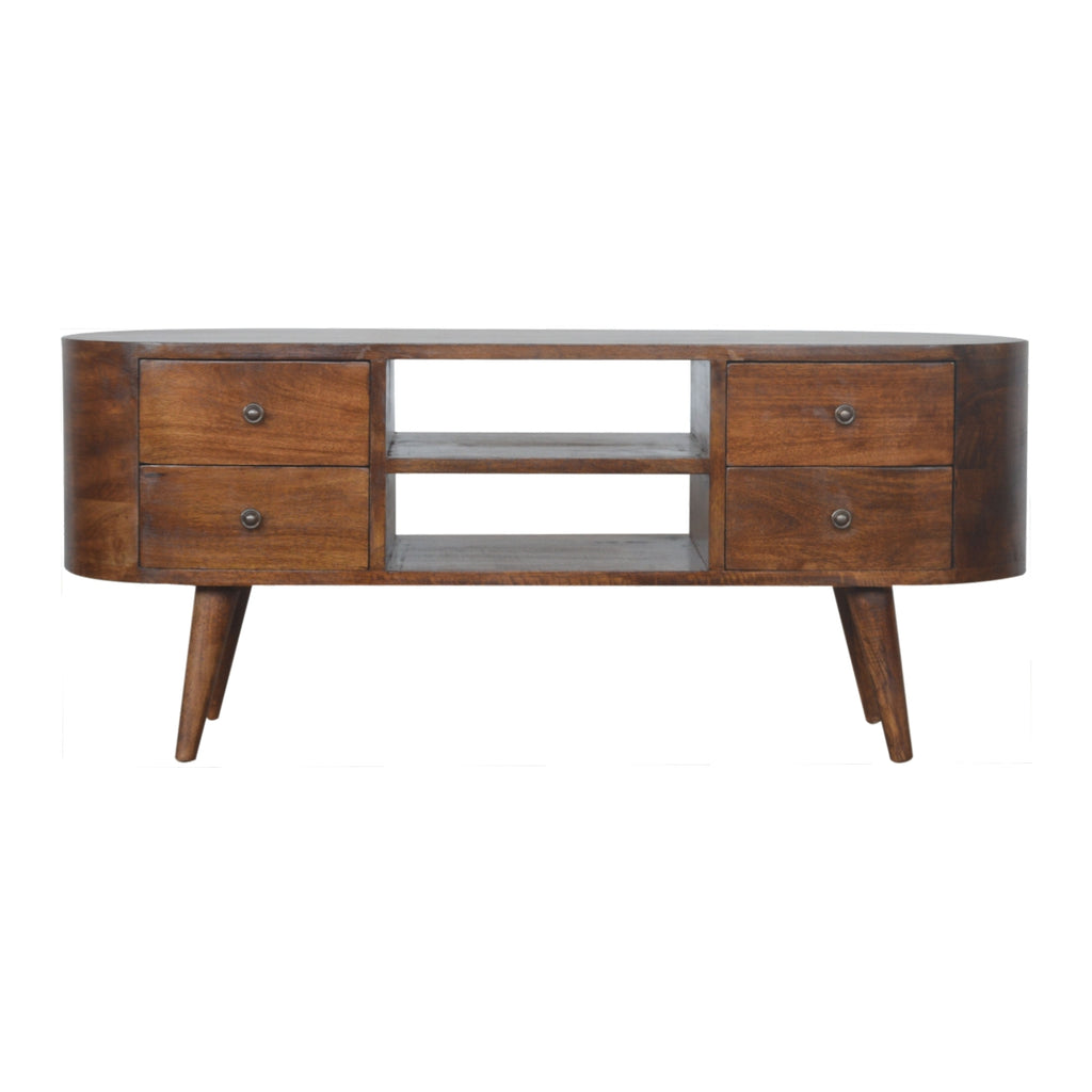 Handcrafted Solid Mango Wood TV Unit – Chestnut Finish, 4 Drawers