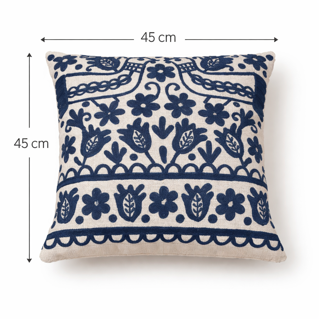 Blue Embroidered Cotton Cushion with Filler 45x45cm
