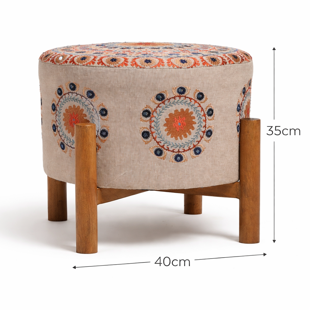 Embroidered Mandala Cotton Pouf Stool with Wood Legs
