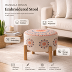 Embroidered Mandala Cotton Pouf Stool with Wood Legs