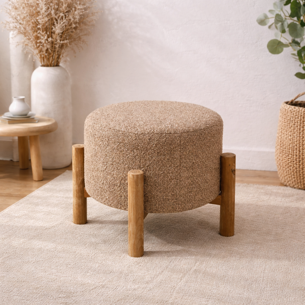 Brown Boucle Round Stool with Wooden Legs 40cm