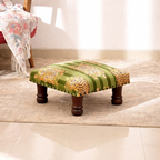Jungle Stripe Cotton Footstool with Wood Legs, Green