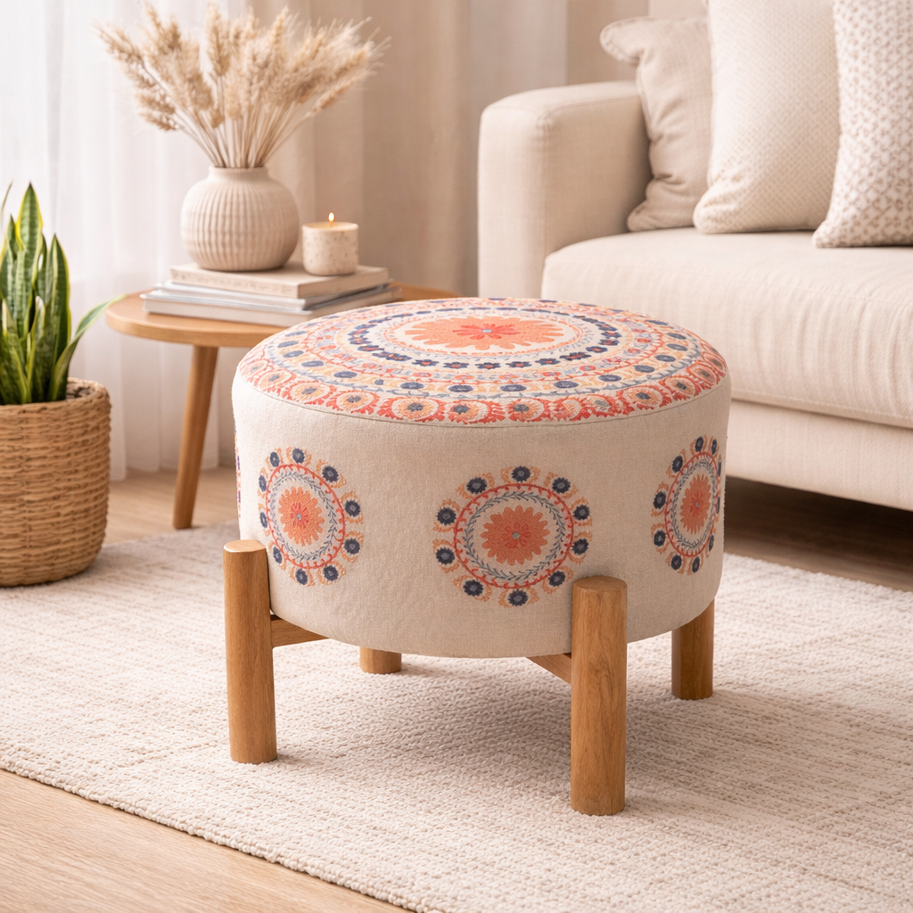 Embroidered Mandala Cotton Pouf Stool with Wood Legs