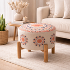 Embroidered Mandala Cotton Pouf Stool with Wood Legs