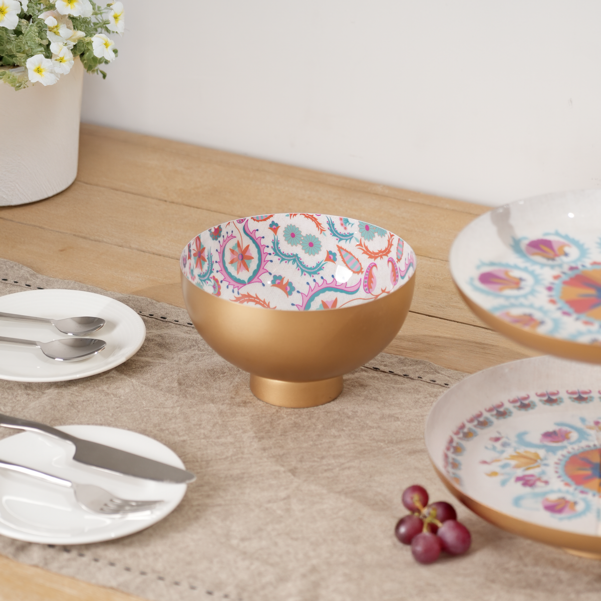 Round Enamel Metal Serving Bowl, Rustic Tableware