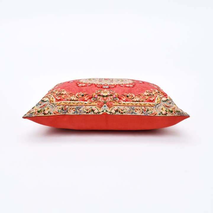 Floral Printed & Embroidered Cotton Lumbar Cushion- 40x60 cm