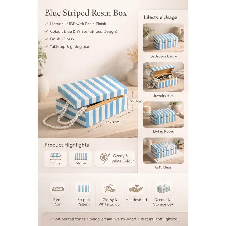 Blue Striped Resin Storage Box 17cm Glossy MDF