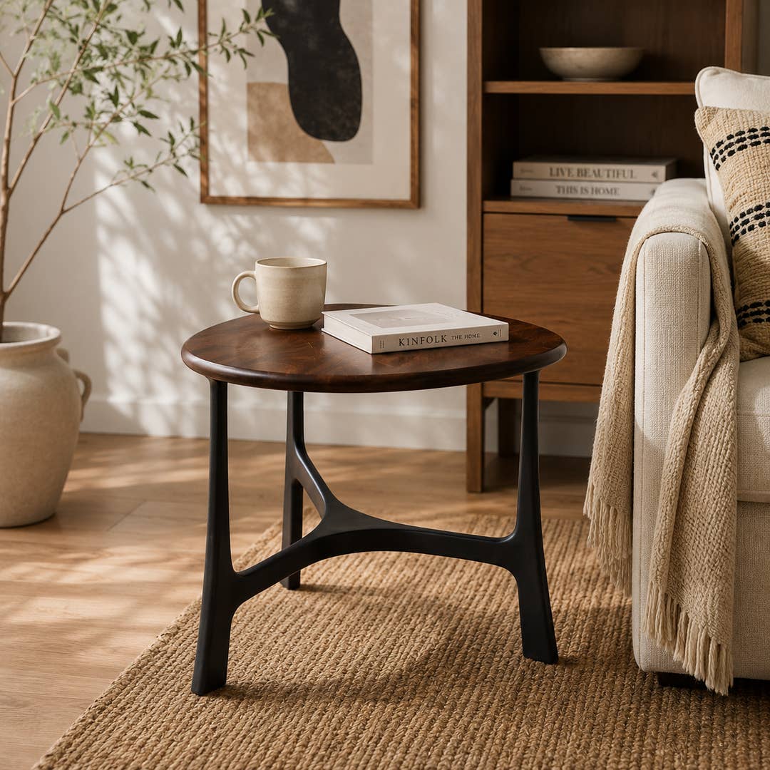 Round Wood Coffee Table with Black Metal Base| Modern Design