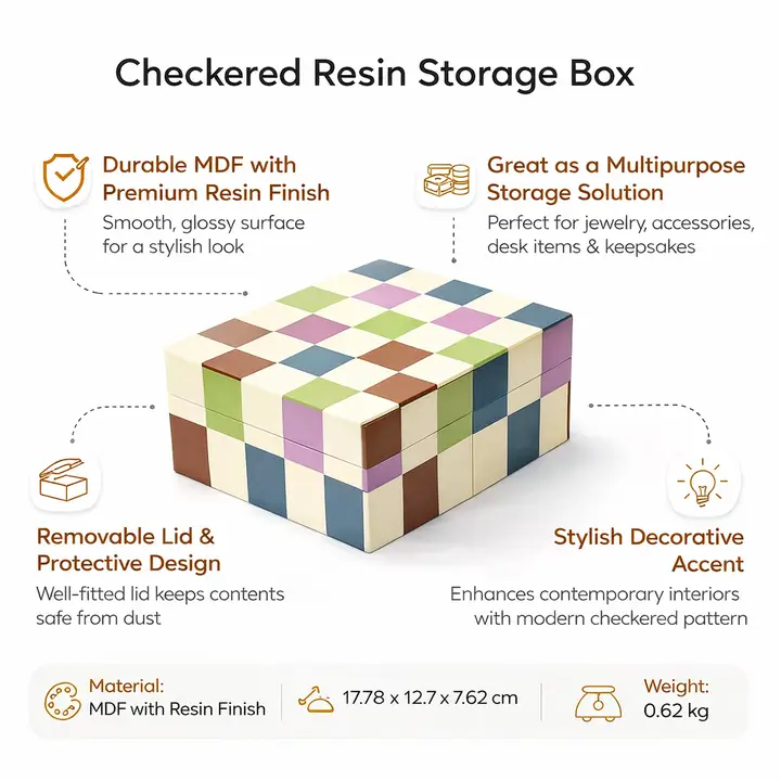 Checkered Resin Storage Box 7x5x3 Inch Glossy MDF