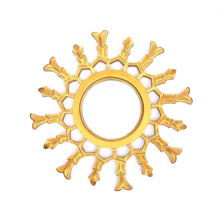 Hand-Carved Metallic Wood Sunburst Wall Mirror