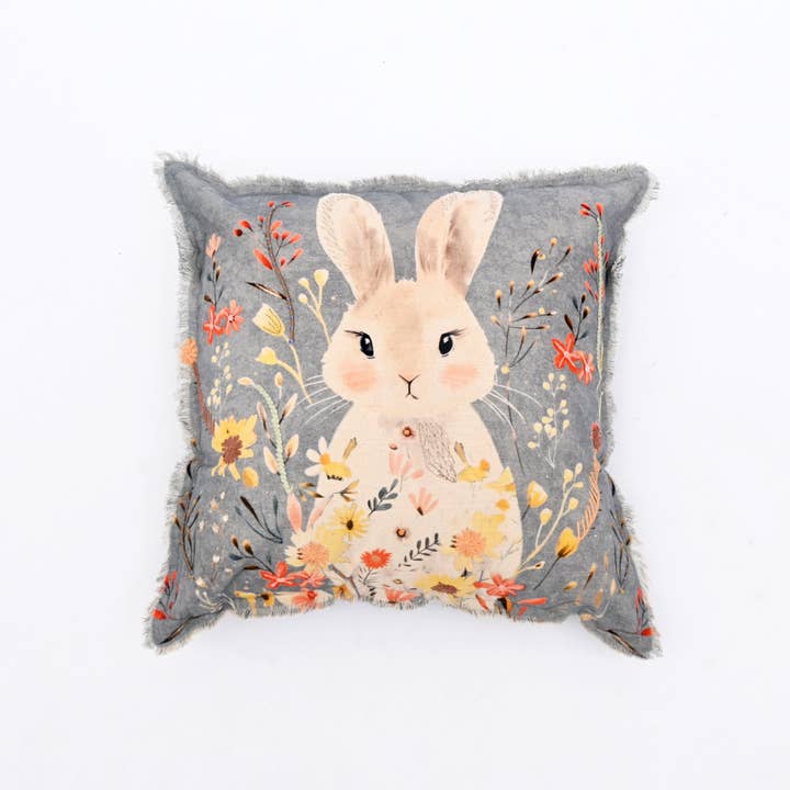 Embroidered Cotton Cushion- Rabbit Floral Design- 45x45 cm