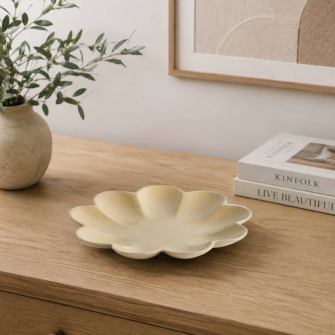 Modern Aluminium Decorative Tray | Beige Flower Centerpiece