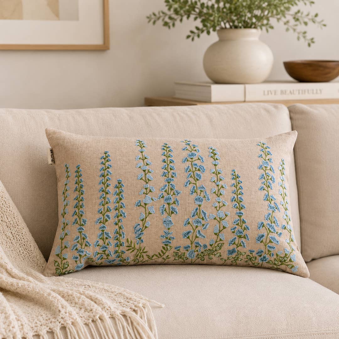 Cascade Floral Embroidered Cotton Lumbar Cushion- 40x60 cm