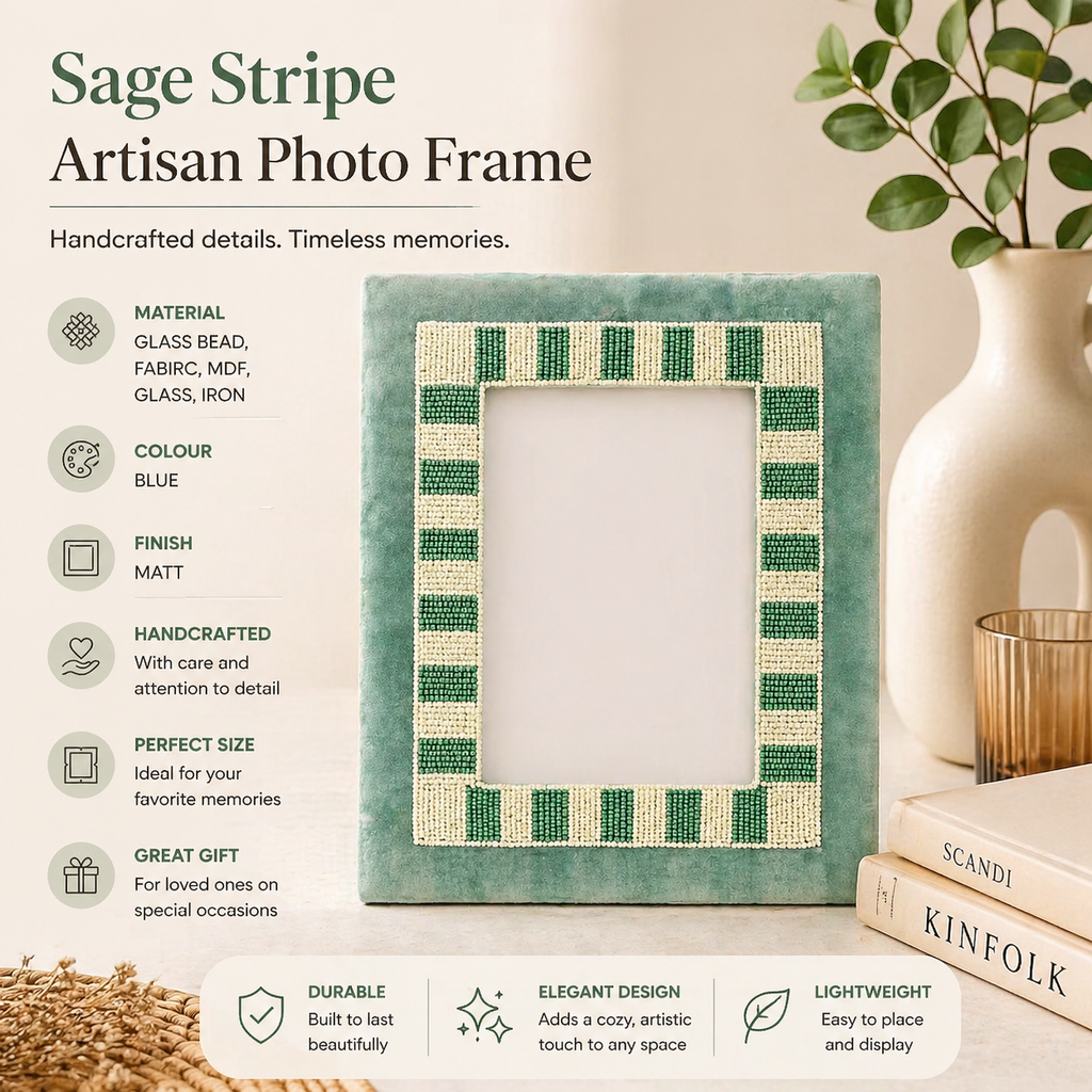 Sage Stripe Beaded Embroidered Photo Frame 5x7 Inch