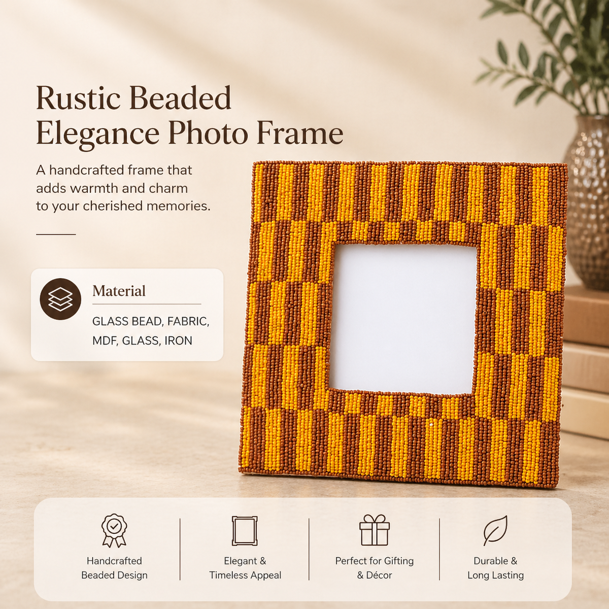Rustic Brown Beaded Photo Frame 4x4 Inch
