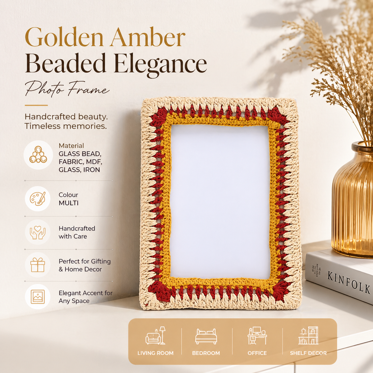 Golden Amber Beaded Photo Frame 4x6 Inch, Artisan