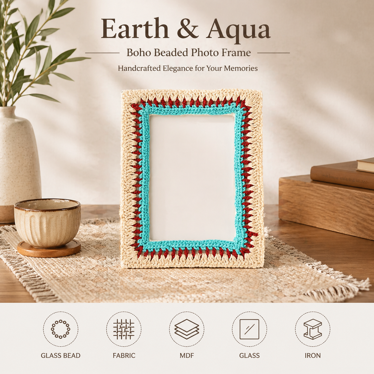 Earth & Aqua Boho Beaded Photo Frame 4x6 Inch
