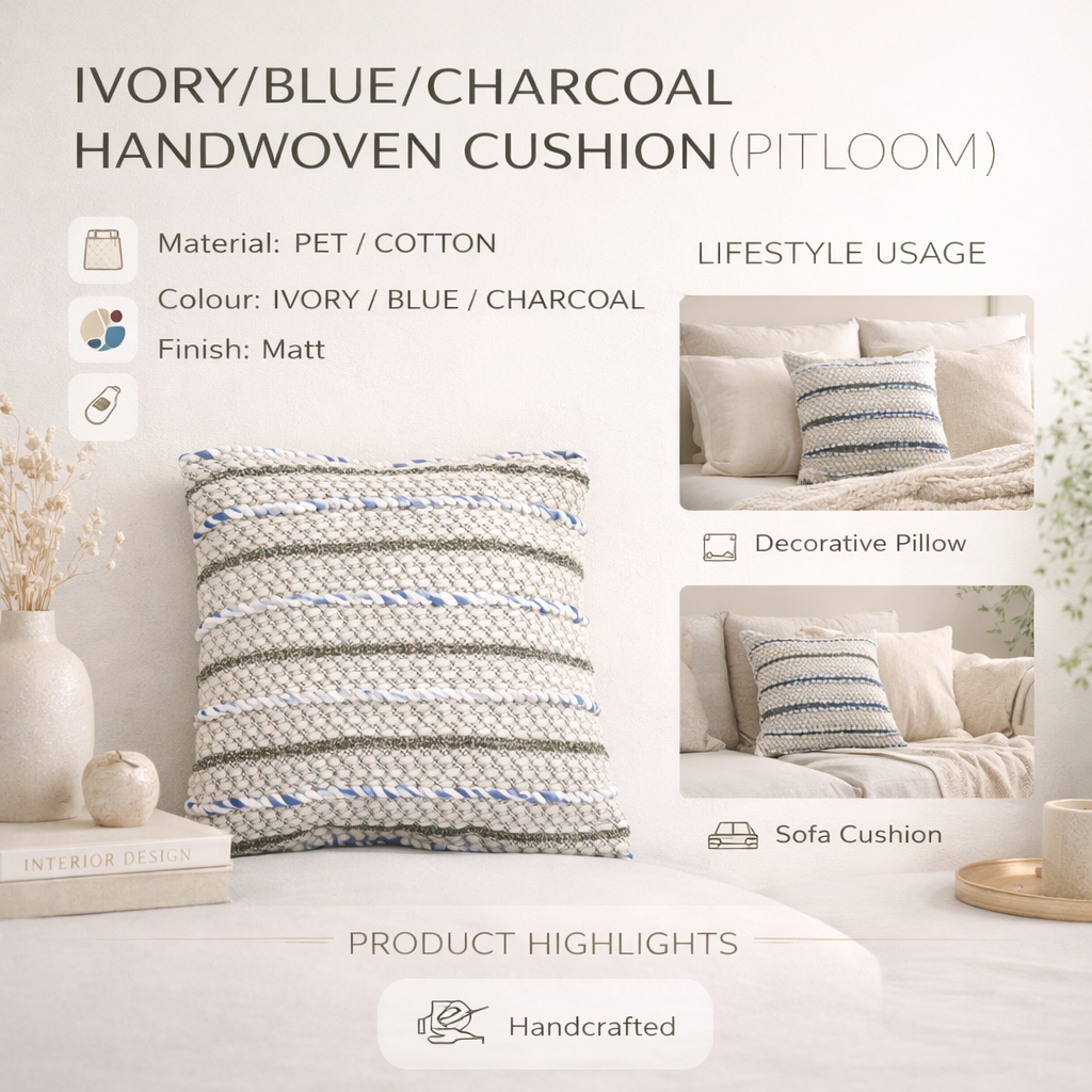 Ivory, Blue & Charcoal Handwoven Cushion Cover