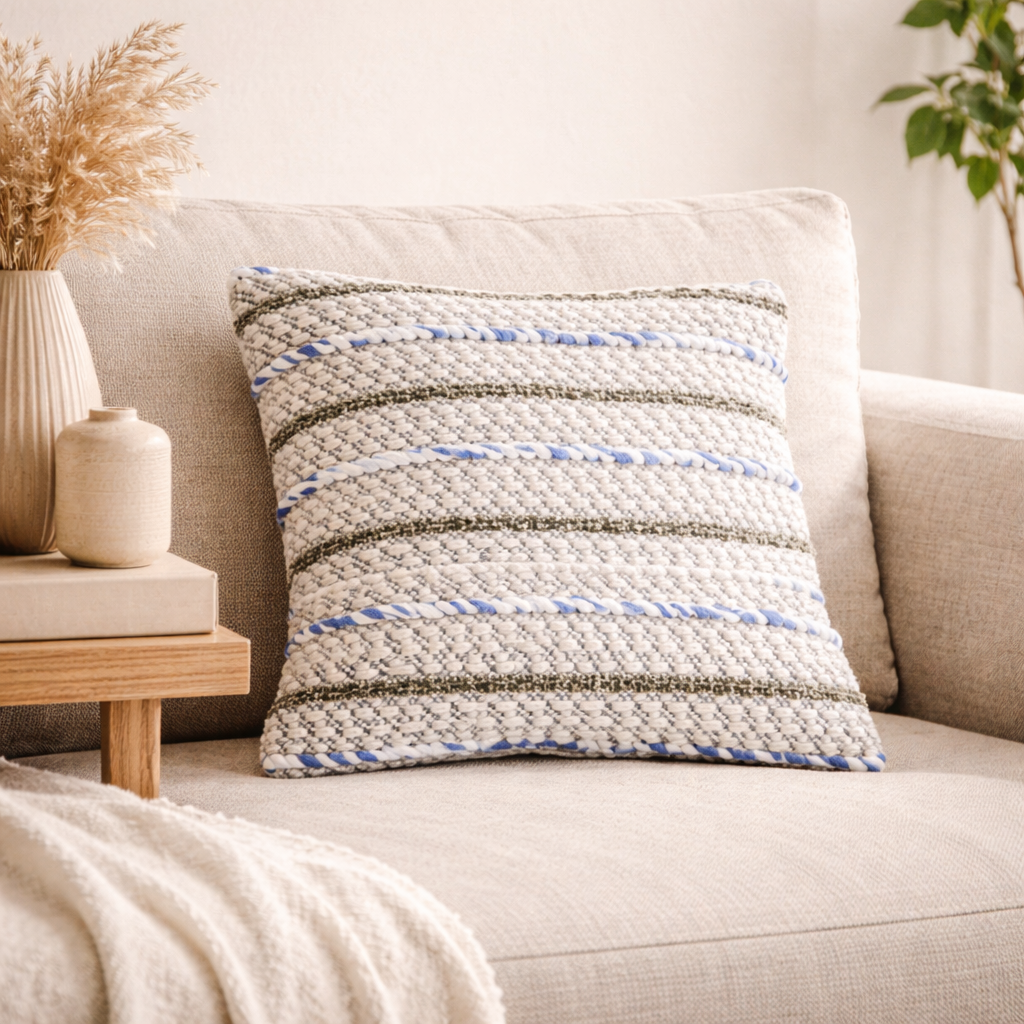 Ivory, Blue & Charcoal Handwoven Cushion Cover