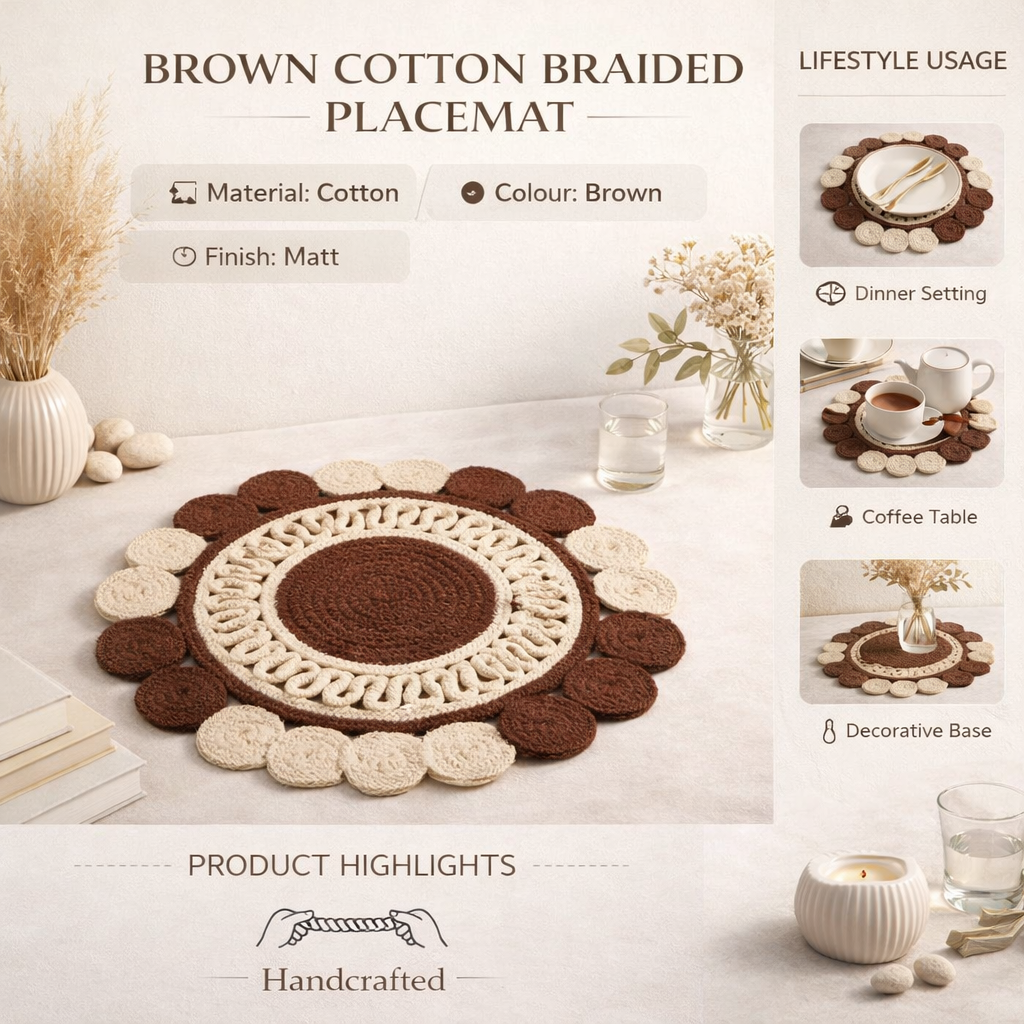 Brown Cotton Braided Round Placemat, Handcrafted