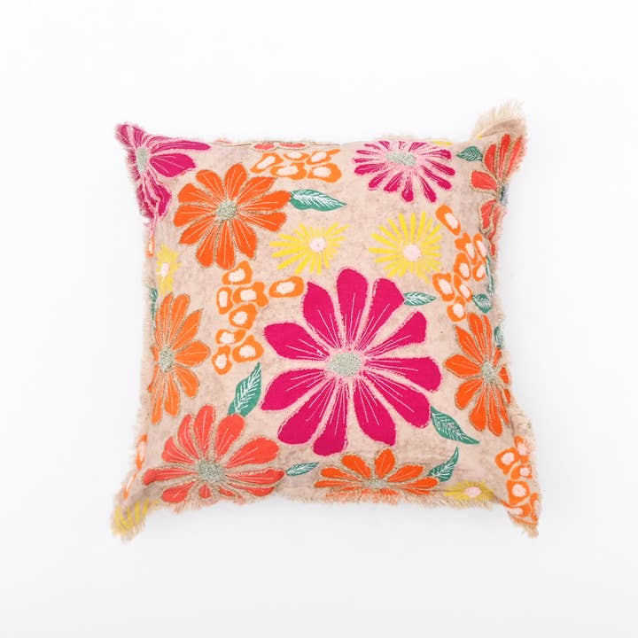 Embroidered Cotton Cushion- Neon Floral Design- 45x45 cm