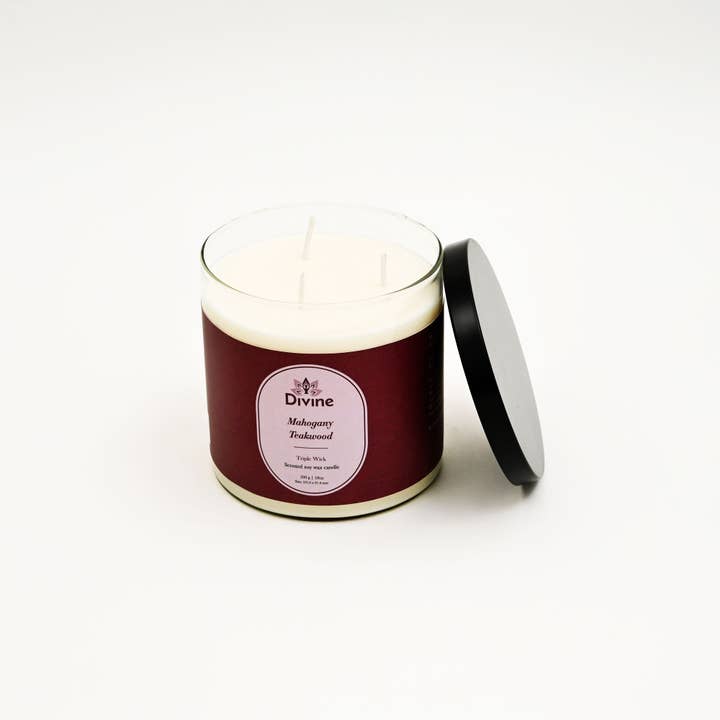 Mahogany & Teakwood Triple Wick Glass Candle