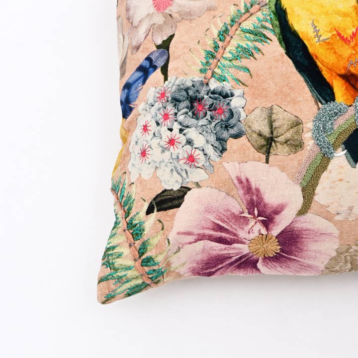 Tropical Parrot Floral Cushion- Cotton Embroidered 45x45cm