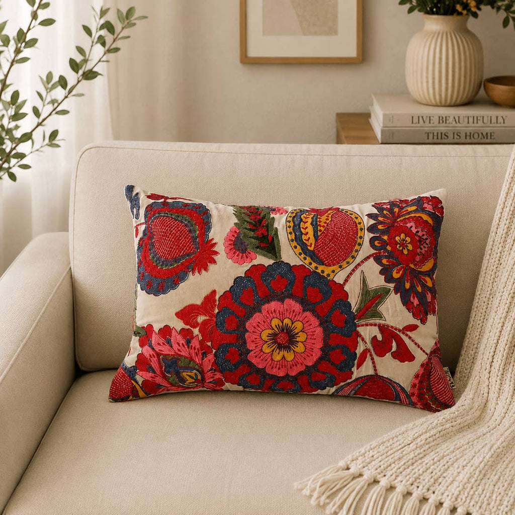 Boho Embroidered Cotton Velvet Lumbar Cushion -40×60 cm