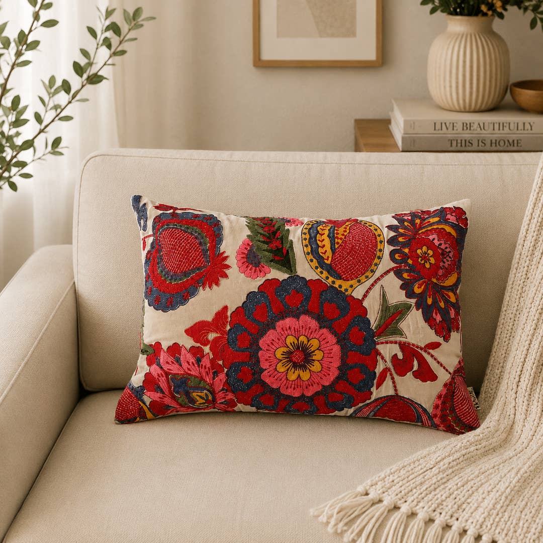 Boho Embroidered Cotton Velvet Lumbar Cushion -40×60 cm