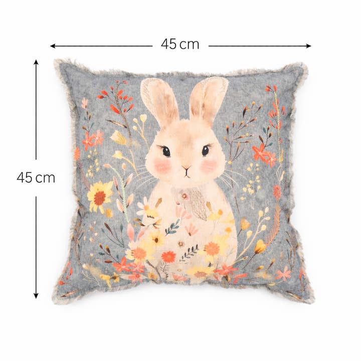 Embroidered Cotton Cushion- Rabbit Floral Design- 45x45 cm