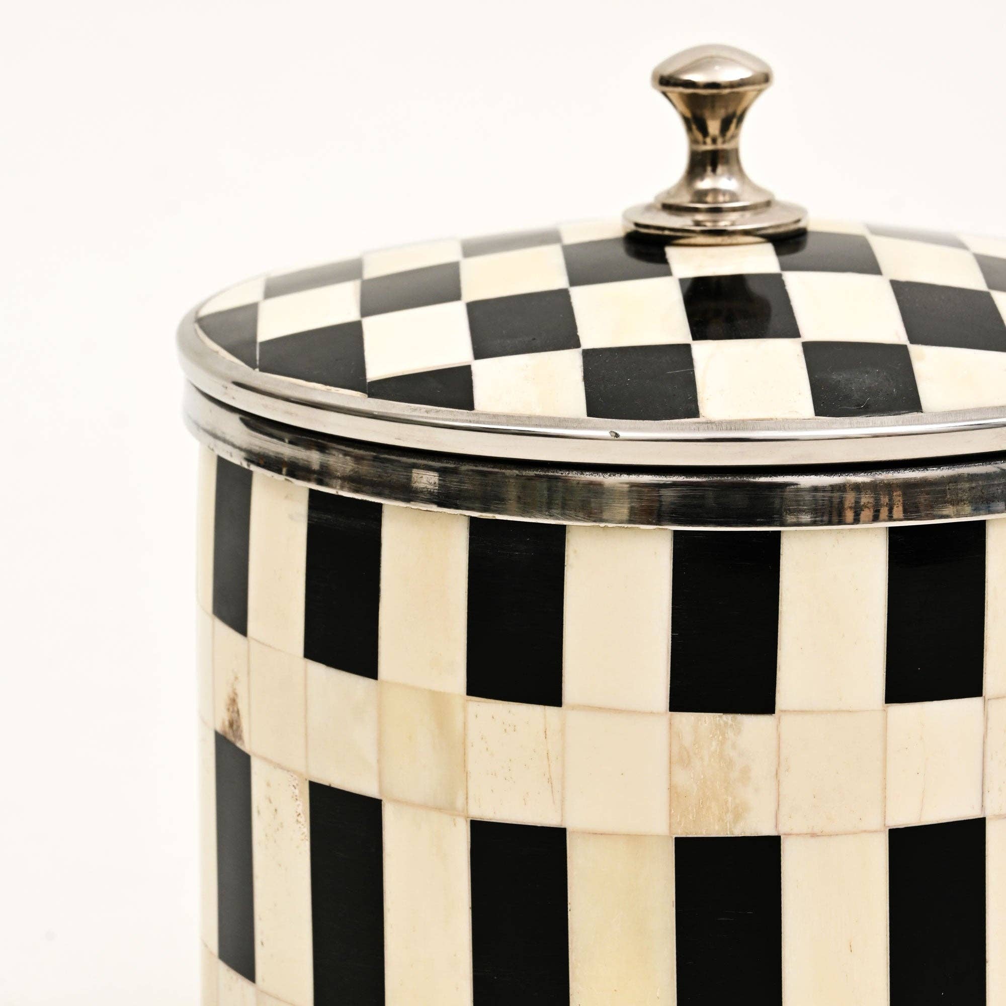 Handcrafted Bone Inlay Checkered Ice Bucket with Lid White