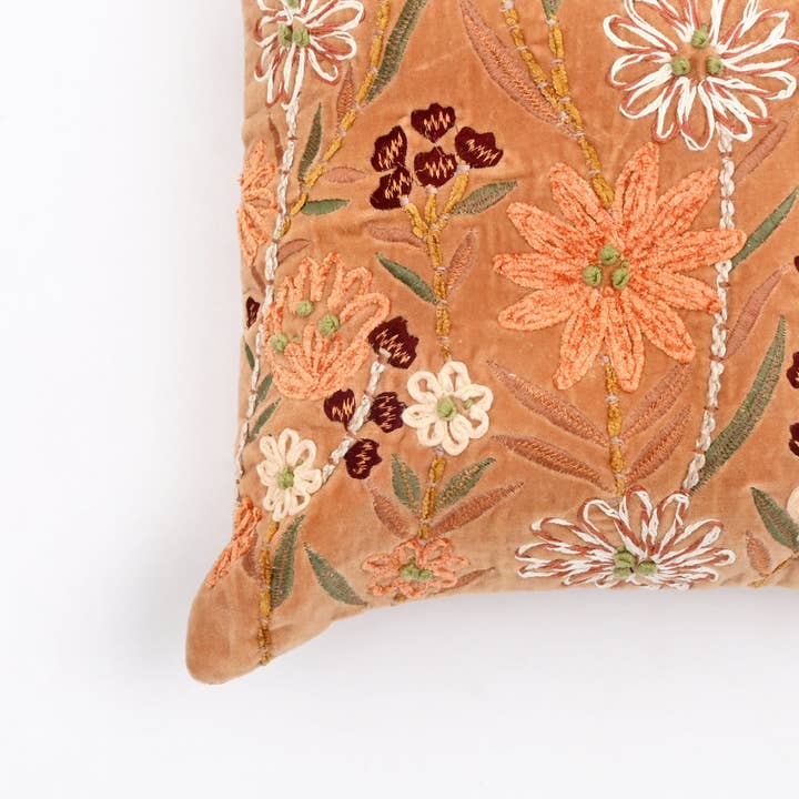Peach Floral Embroidered Cotton Velvet Cushion 45x45 cm