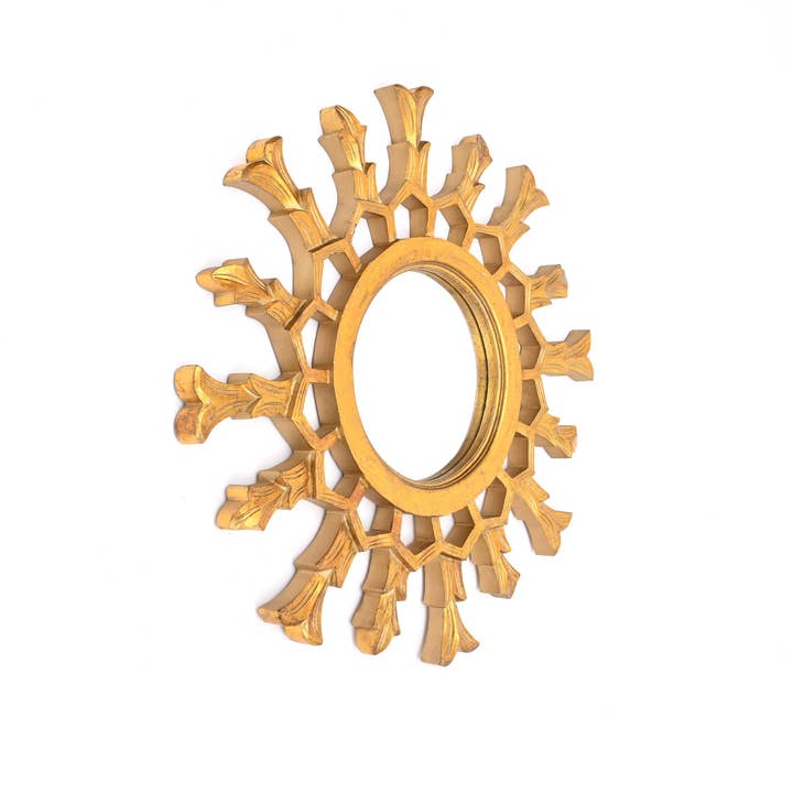 Hand-Carved Metallic Wood Sunburst Wall Mirror